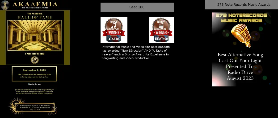 International Music and Video site Beat100.com has awarded “New DIrection” AND “A Taste of Heaven” each a Bronze Award for Excellence in Songwriting and Video Production.  Beat 100 273 Note Records Music Awards